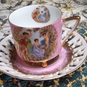 Vintage LM ROYAL HALSEY Very Fine Iridescent Victorian  3-Footed Cup & Saucer